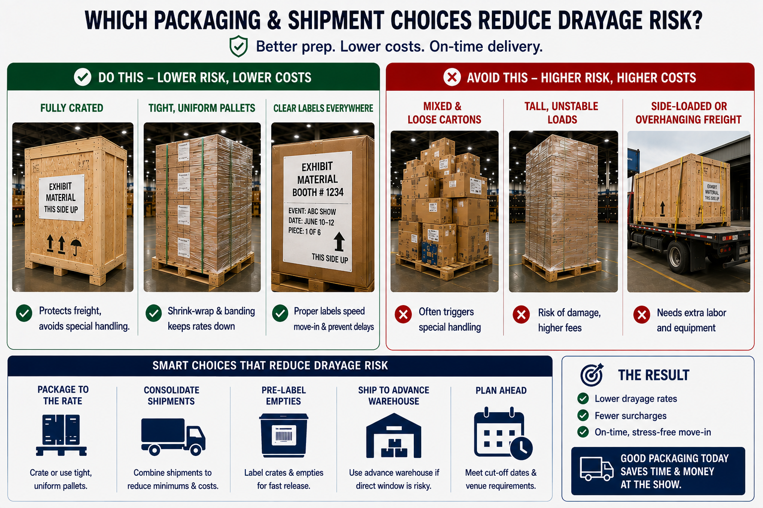 best packaging for trade show drayage crated shrink wrap banded pallets